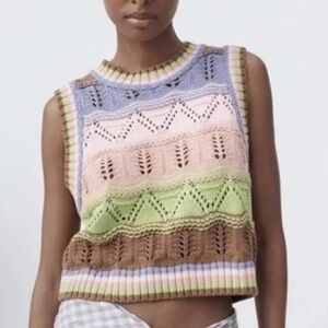 ZARA Multicolor Crochet Knit Cropped Sweater Vest Top SZ S